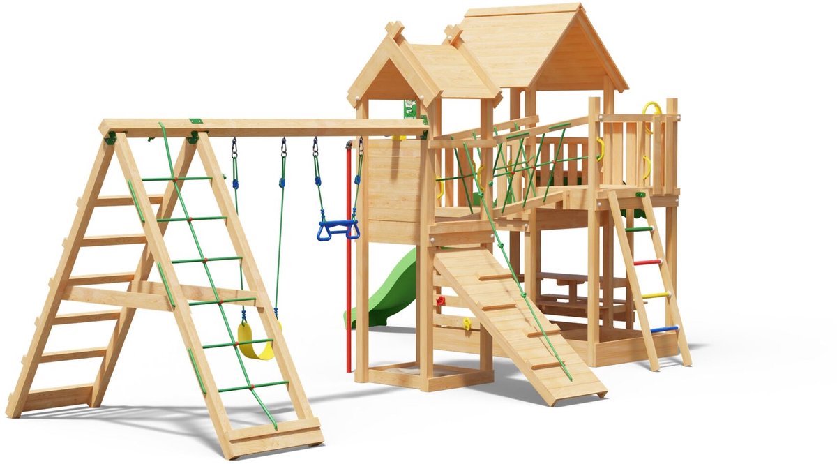   speeltoestel van douglas hout - Jungle Pavillon met groene glijbaan - Tuin speeltoestel voor buiten met schommels, brandweerpaal en zandbak