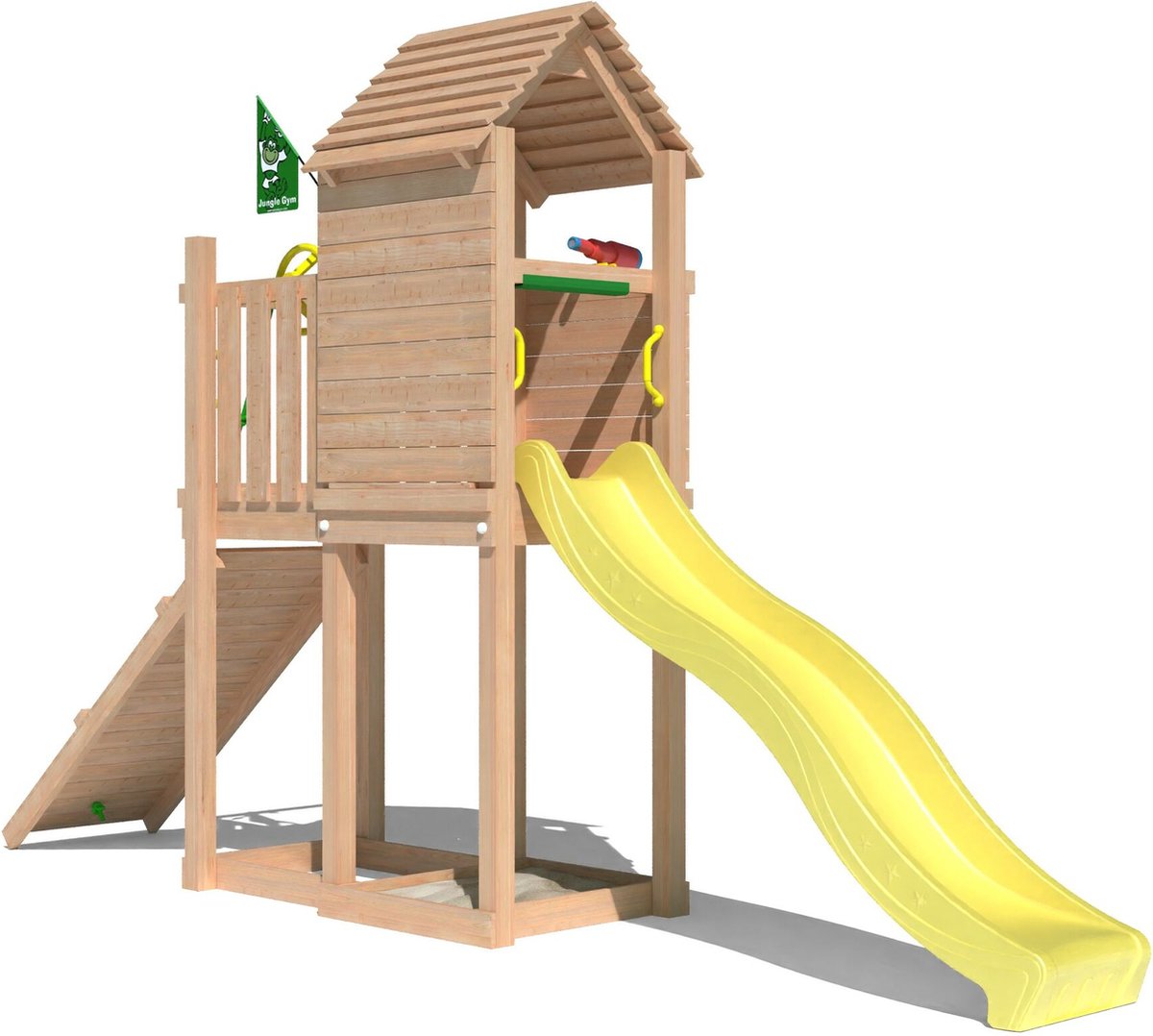   speeltoestel van douglas hout - Jungle Pod met gele glijbaan - Tuin speeltoestel voor buiten met zandbak en klimhelling