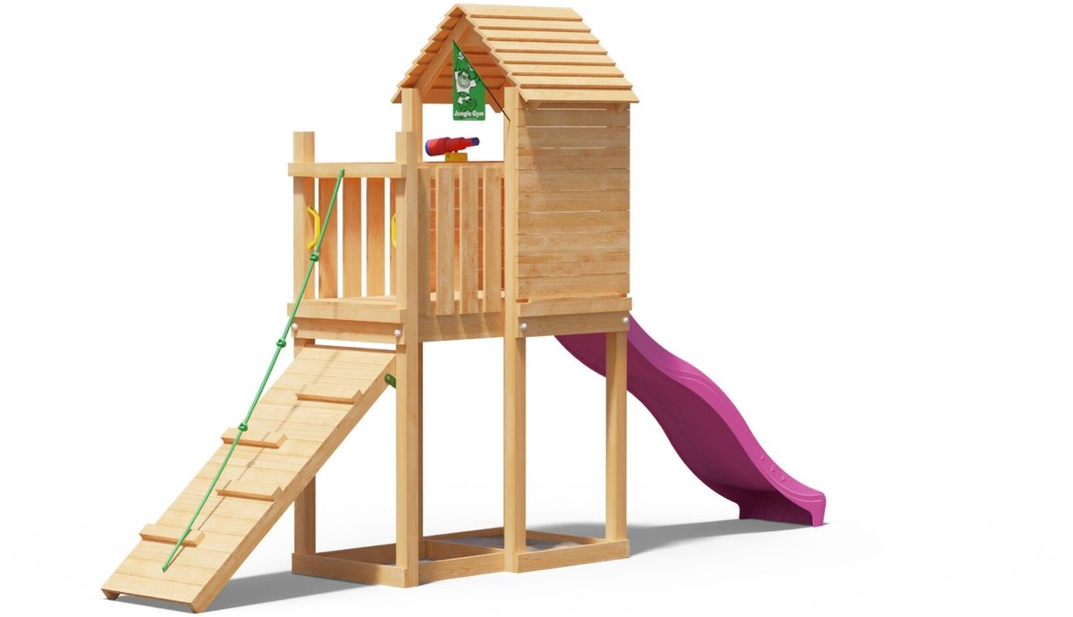   speeltoestel van douglas hout - Jungle Pod met roze glijbaan - Tuin speeltoestel voor buiten met zandbak en klimhelling
