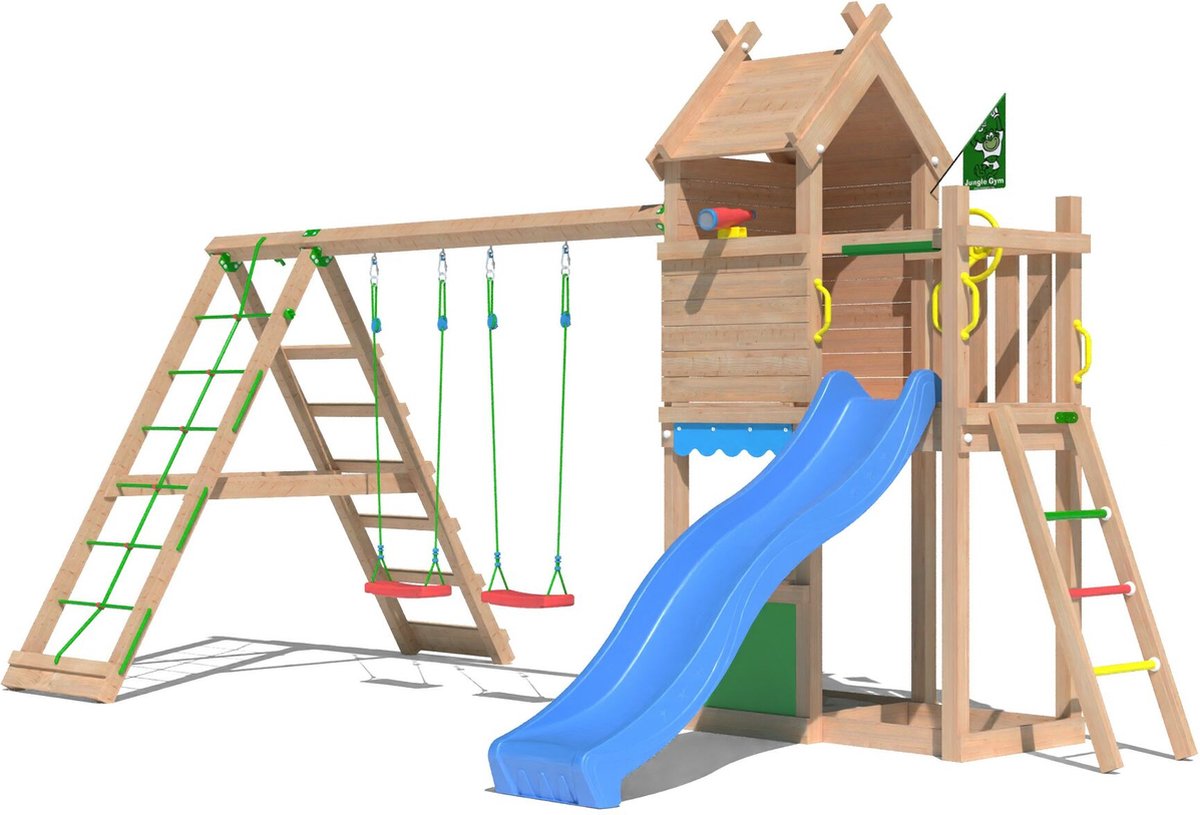   speeltoestel van douglas hout - Jungle Resort met blauwe glijbaan - Tuin speeltoestel voor buiten met zandbak, speelhuisje en schommels