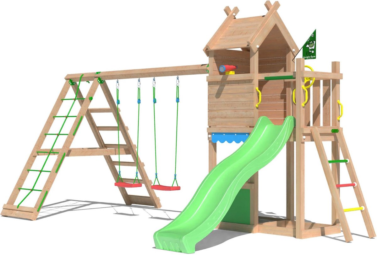   speeltoestel van douglas hout - Jungle Resort met groene glijbaan - Tuin speeltoestel voor buiten met zandbak, speelhuisje en schommels