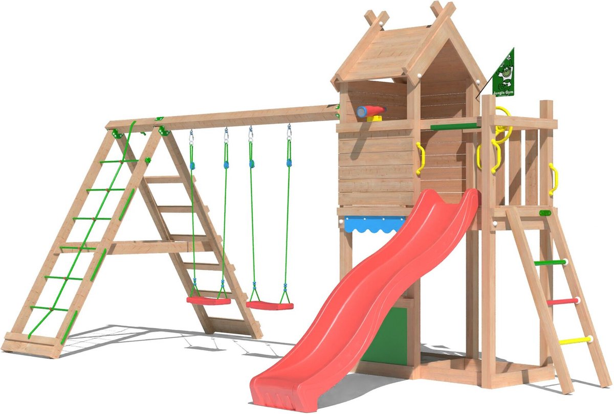   speeltoestel van douglas hout - Jungle Resort met rode glijbaan - Tuin speeltoestel voor buiten met zandbak, speelhuisje en schommels