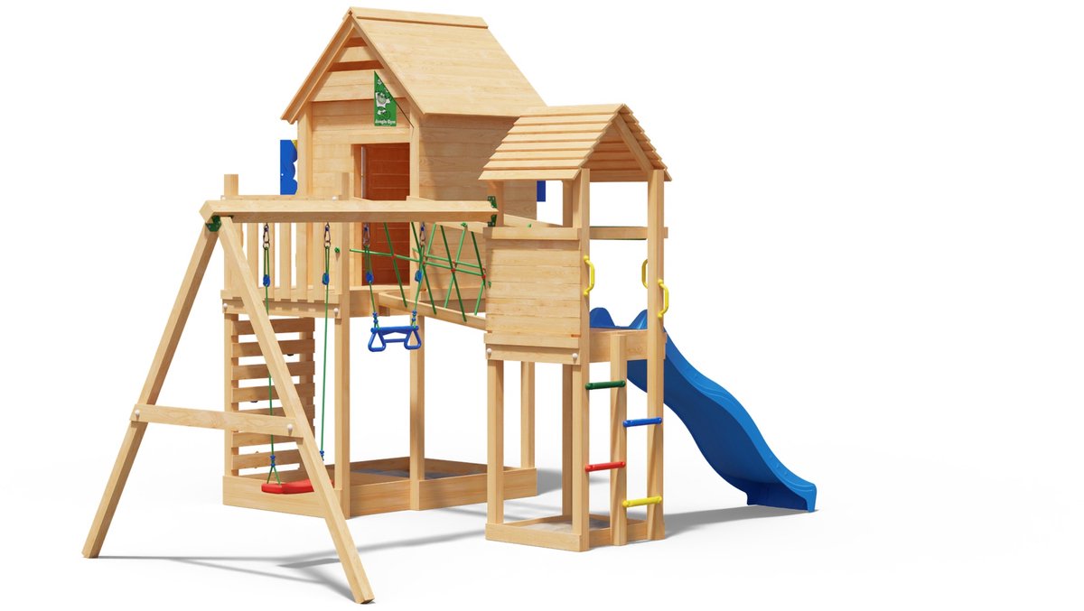   speeltoestel van douglas hout - Jungle Retreat met blauwe glijbaan - Tuin speeltoestel voor buiten met zandbak en schommels