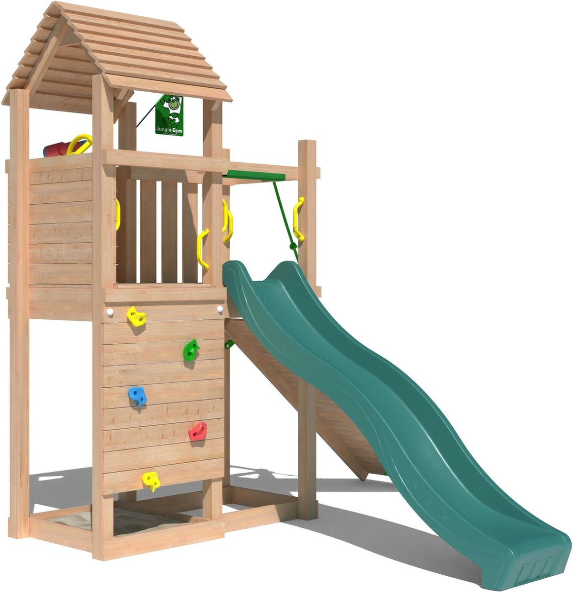   speeltoestel van douglas hout - Jungle Roamer met donkergroene glijbaan - Tuin speeltoestel voor buiten met zandbak, klimwand en klimhelling