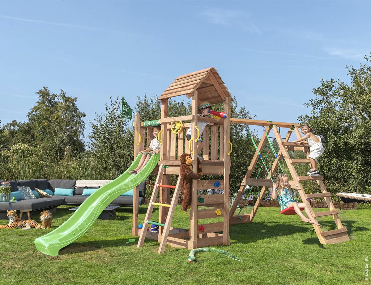   speeltoestel van douglas hout - Jungle Safari met groene glijbaan - Tuin speeltoestel voor buiten met zandbak, klimnet en schommel