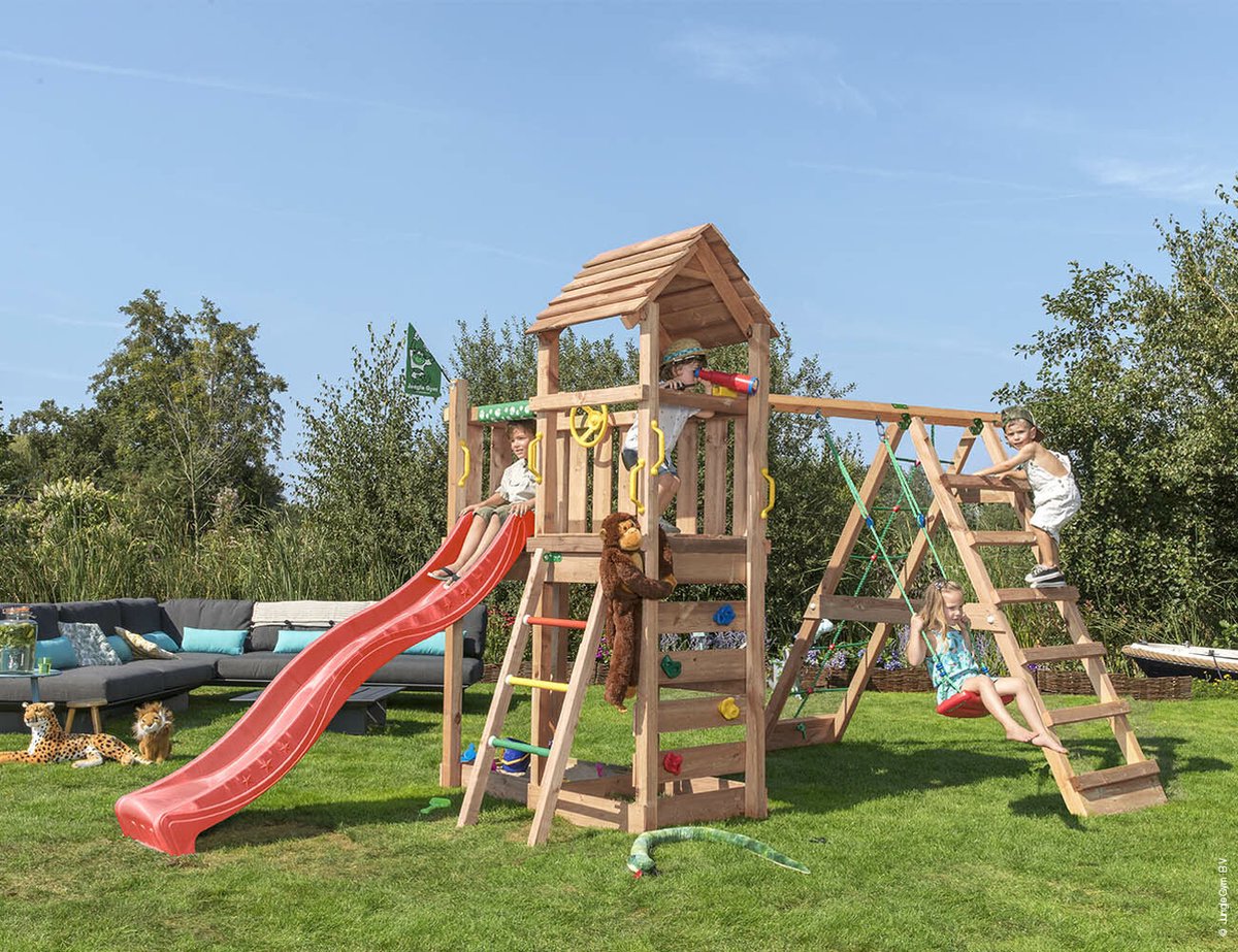   speeltoestel van douglas hout - Jungle Safari met rode glijbaan - Tuin speeltoestel voor buiten met zandbak, klimnet en schommel