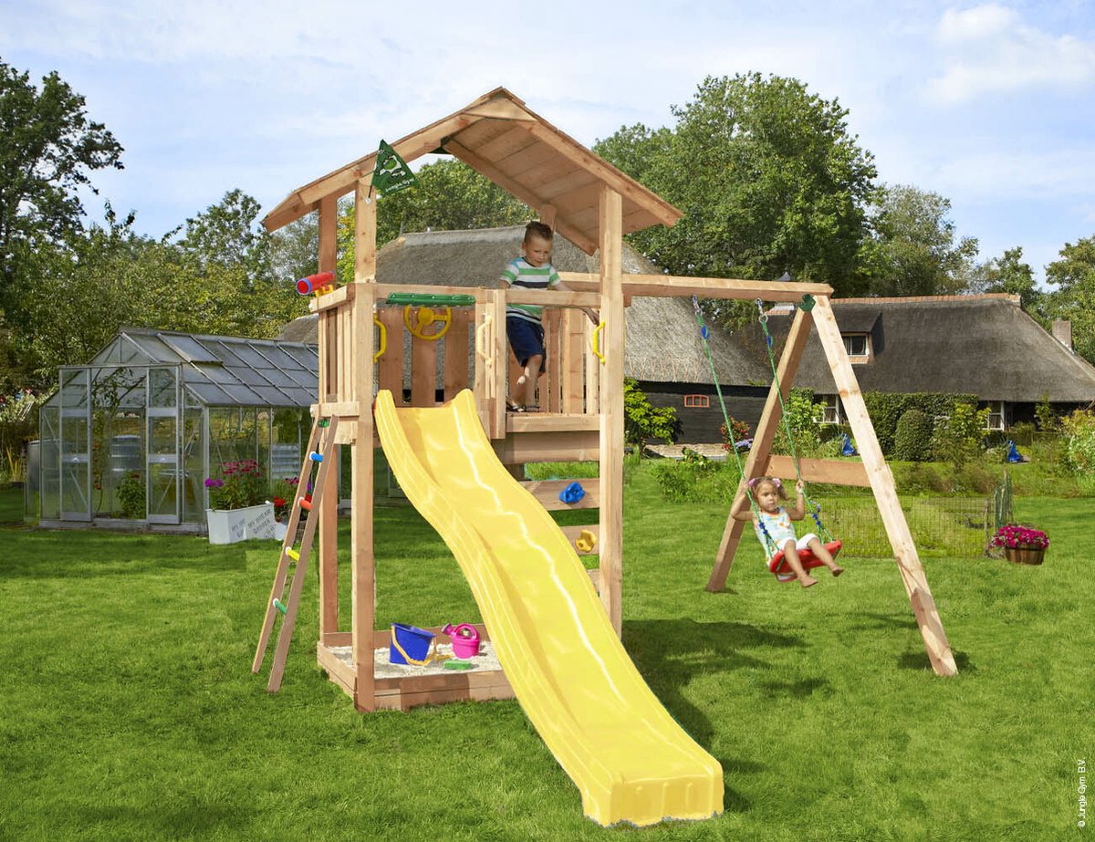   speeltoestel van douglas hout - Jungle Sierra met gele glijbaan - Tuin speeltoestel voor buiten met zandbak en schommel