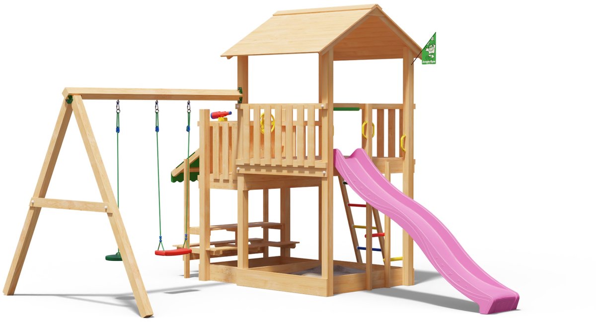   speeltoestel van douglas hout - Jungle Skyline met roze glijbaan - Tuin speeltoestel voor buiten met zandbak en schommels