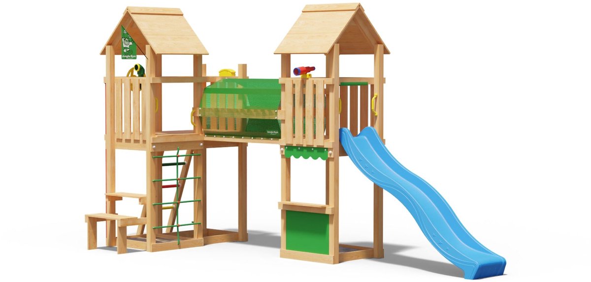   speeltoestel van douglas hout - Jungle Spark met blauwe glijbaan - Tuin speeltoestel voor buiten met zandbak en picknicktafel