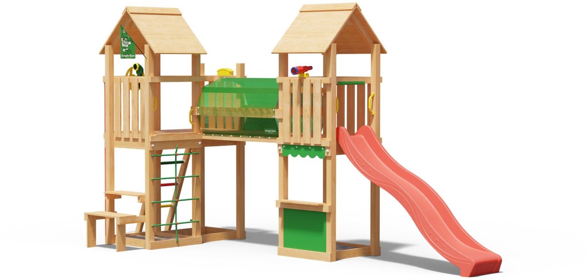   speeltoestel van douglas hout - Jungle Spark met rode glijbaan - Tuin speeltoestel voor buiten met zandbak en picknicktafel