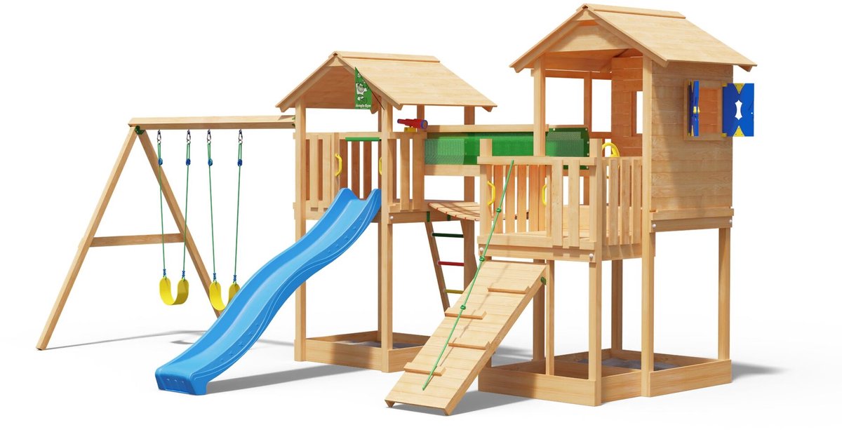   speeltoestel van douglas hout - Jungle Stronghold met blauwe glijbaan - Tuin speeltoestel voor buiten met zandbak en schommels