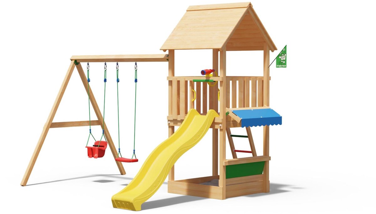   speeltoestel van douglas hout - Jungle Suite met gele glijbaan - Tuin speeltoestel voor buiten met zandbak en schommels