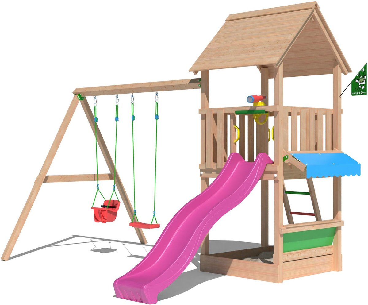   speeltoestel van douglas hout - Jungle Suite met roze glijbaan - Tuin speeltoestel voor buiten met zandbak en schommels