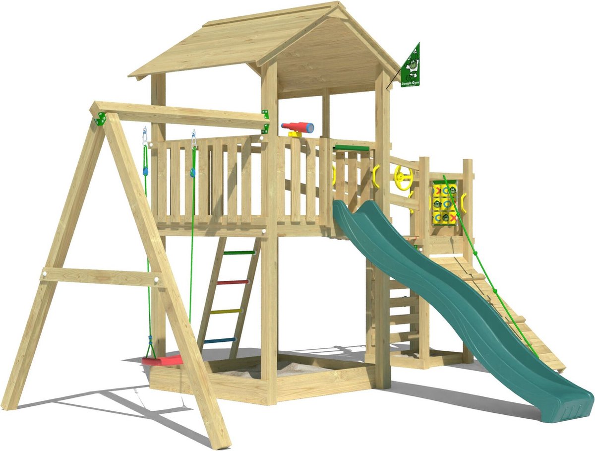   speeltoestel van douglas hout - Jungle Summit met groene glijbaan - Tuin speeltoestel voor buiten met zandbak, schommel en klimhelling
