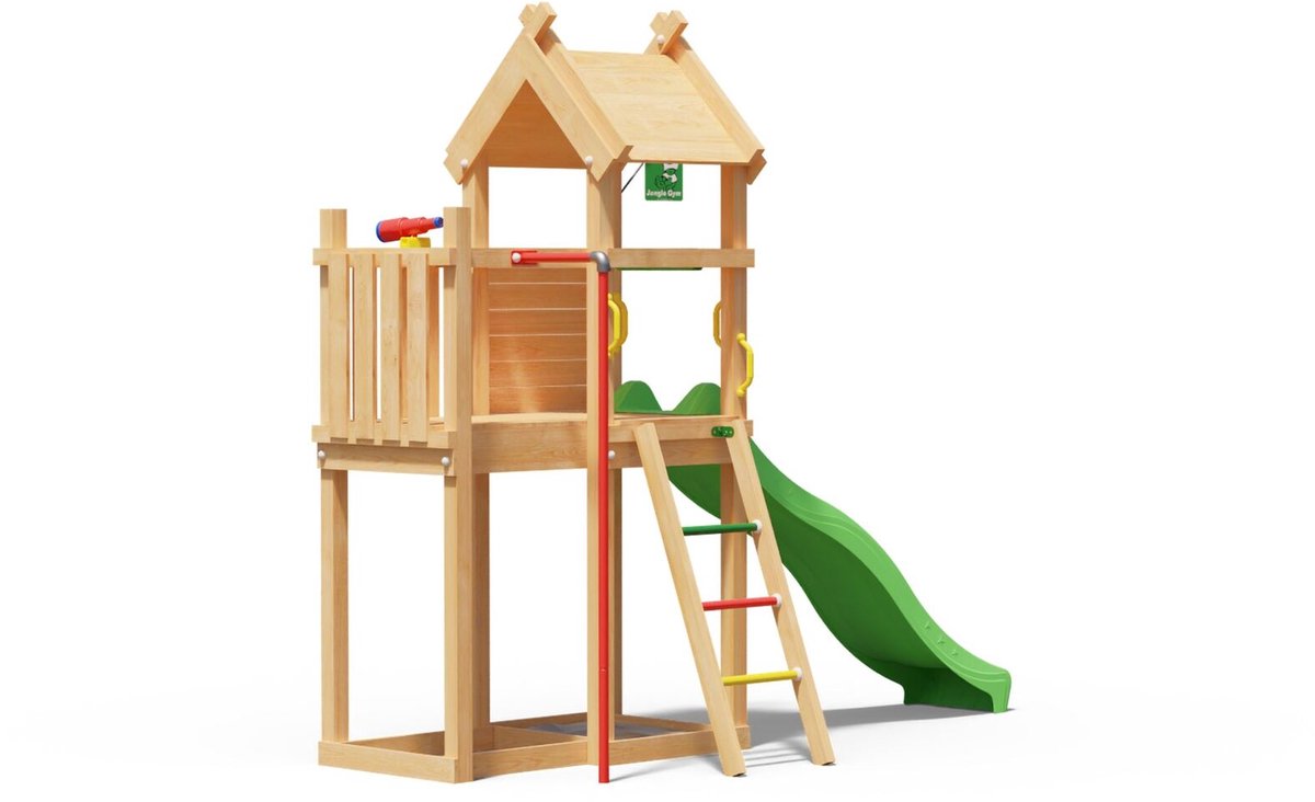   speeltoestel van douglas hout - Jungle Tiki met groene glijbaan - Tuin speeltoestel voor buiten met zandbak, brandweerpaal en klimladder