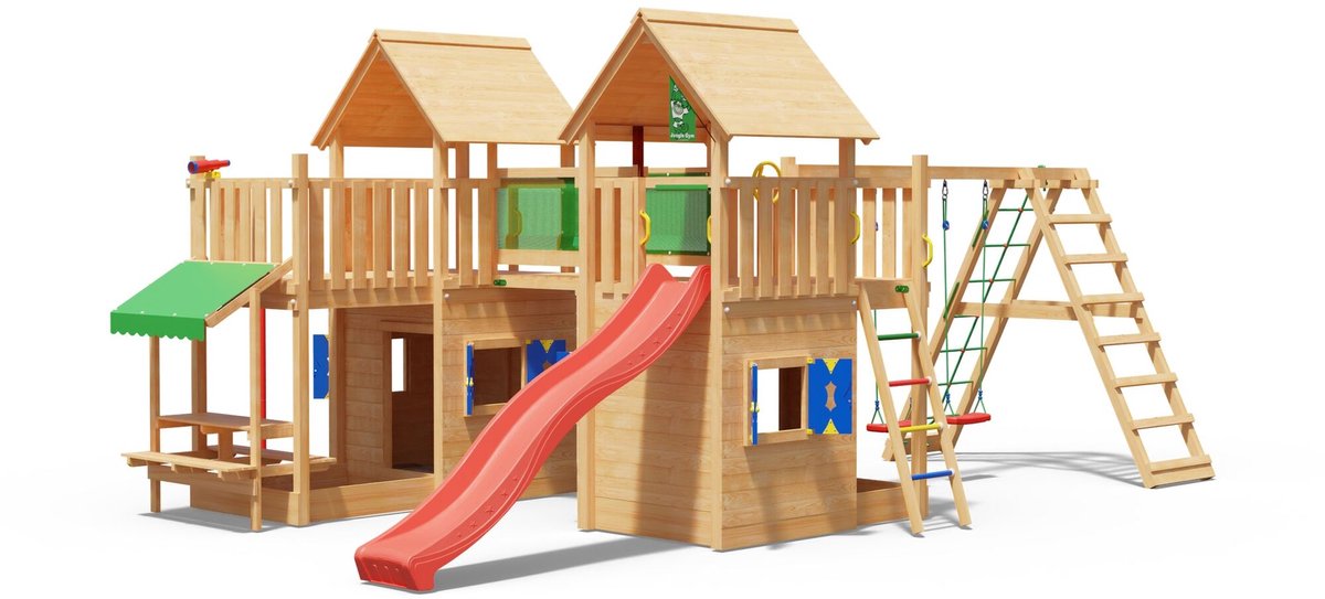   speeltoestel van douglas hout - Jungle Titan met rode glijbaan - Tuin speeltoestel voor buiten met zandbak, schommels en speelhuisje