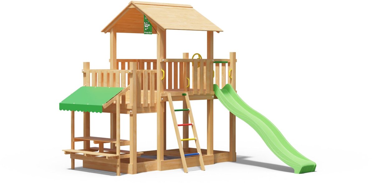   speeltoestel van douglas hout - Jungle Valley met groene glijbaan - Tuin speeltoestel voor buiten met zandbak, picknicktafel en klimladder