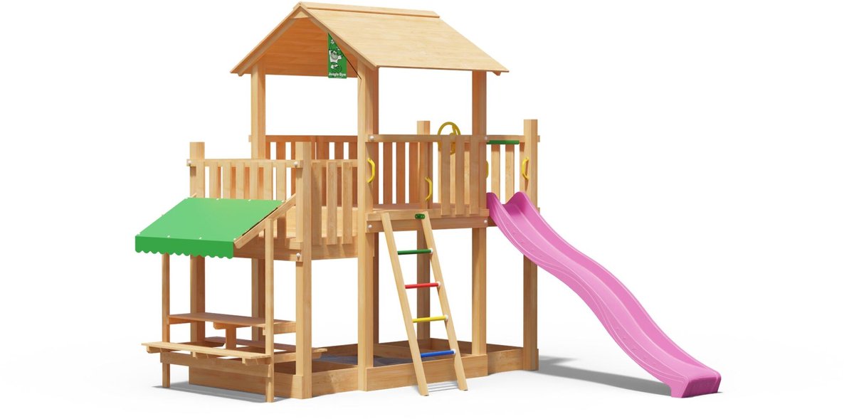   speeltoestel van douglas hout - Jungle Valley met roze glijbaan - Tuin speeltoestel voor buiten met zandbak, picknicktafel en klimladder