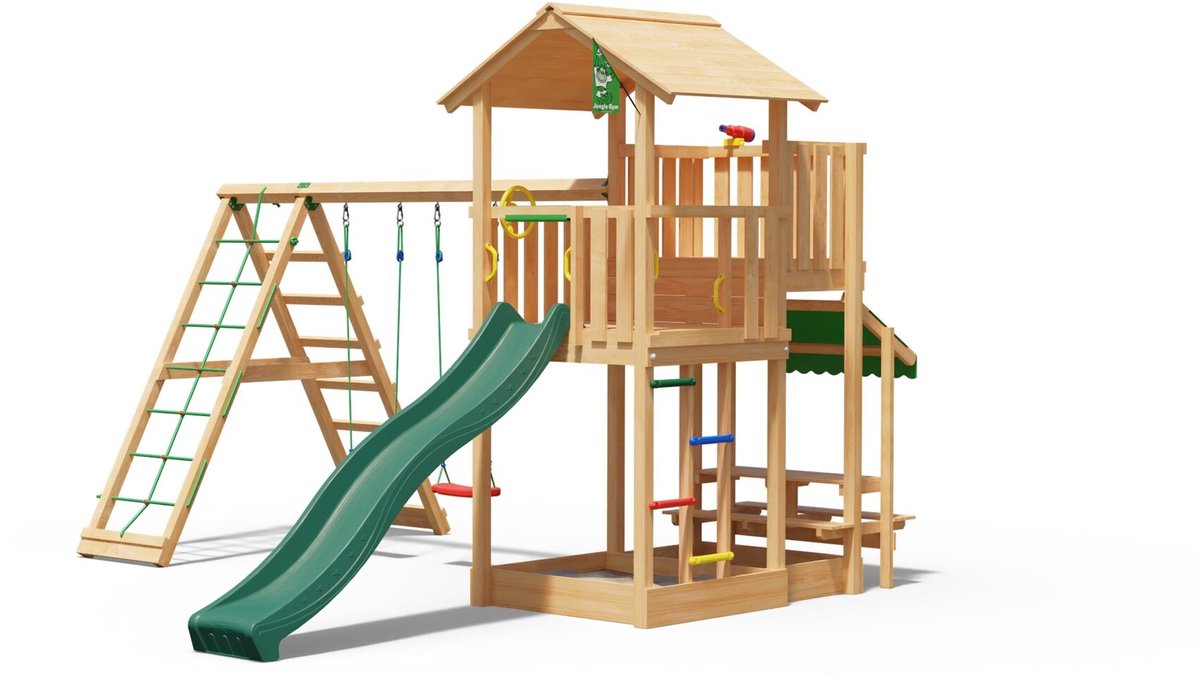   speeltoestel van douglas hout - Jungle Veranda met donkergroene glijbaan - Tuin speeltoestel voor buiten met zandbak, schommels en klimnet