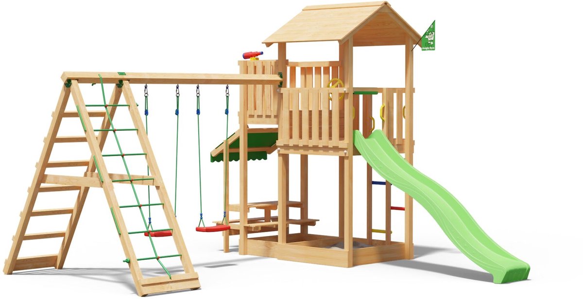   speeltoestel van douglas hout - Jungle Veranda met groene glijbaan - Tuin speeltoestel voor buiten met zandbak, schommels en klimnet