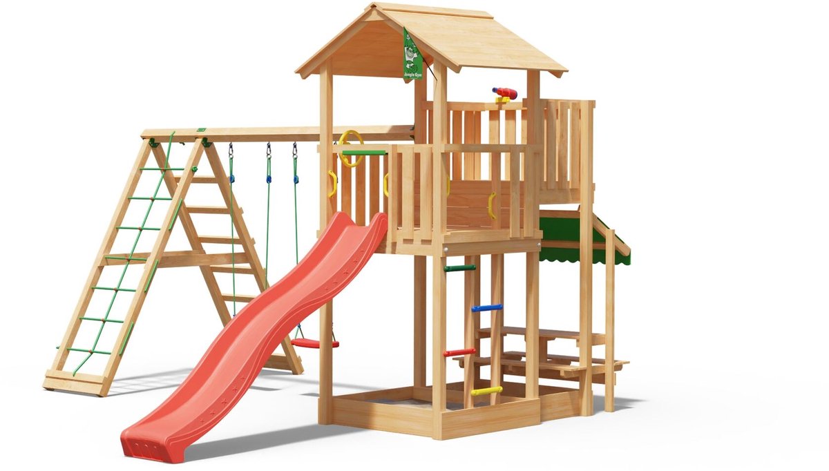   speeltoestel van douglas hout - Jungle Veranda met rode glijbaan - Tuin speeltoestel voor buiten met zandbak, schommels en klimnet