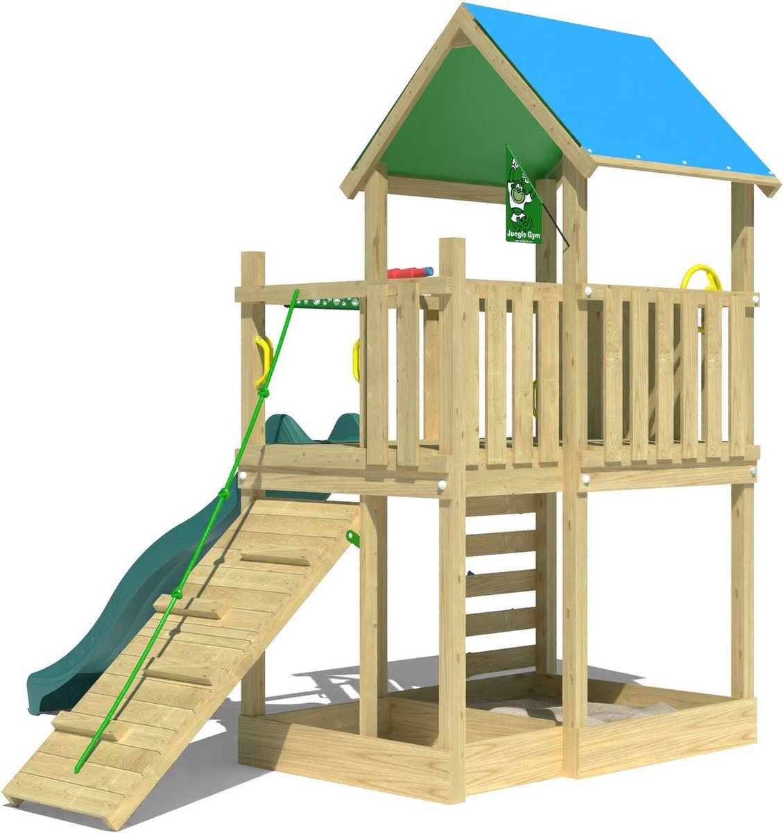   speeltoestel van douglas hout - Jungle Wonder met gele glijbaan - Tuin speeltoestel voor buiten met zandbak, klimhelling en klimwand