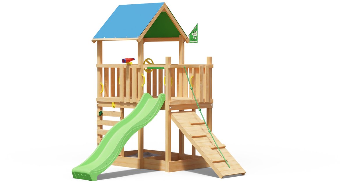   speeltoestel van douglas hout - Jungle Wonder met groene glijbaan - Tuin speeltoestel voor buiten met zandbak, klimhelling en klimwand