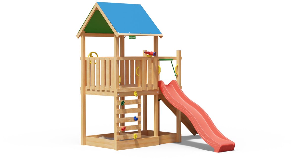   speeltoestel van douglas hout - Jungle Wonder met rode glijbaan - Tuin speeltoestel voor buiten met zandbak, klimhelling en klimwand