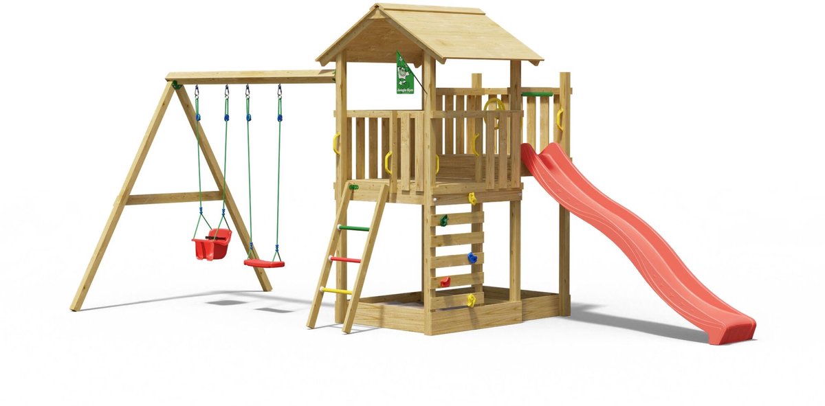   speeltoestel van grenen hout - Jungle Arbour met rode glijbaan - Tuin speeltoestel voor buiten met Zandbad en schommels