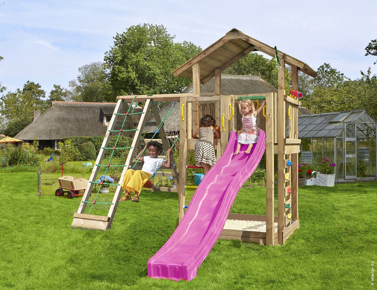   speeltoestel van grenen hout - Jungle Chalet met roze glijbaan - Tuin speeltoestel voor buiten met zandbak, schommel en klimnet