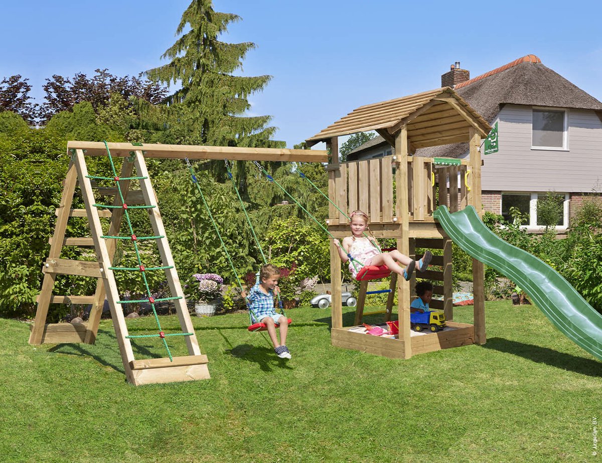   speeltoestel van grenen hout - Jungle Cottage met donkergroene glijbaan - Tuin speeltoestel voor buiten met zandbak, schommels en klimnet