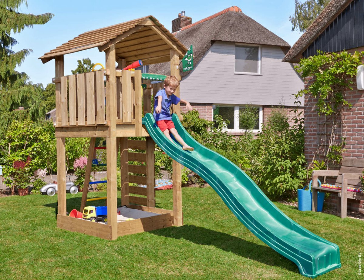   speeltoestel van grenen hout - Jungle Cottage met gele glijbaan - Tuin speeltoestel voor buiten met klimladder, klimwand en zandbak