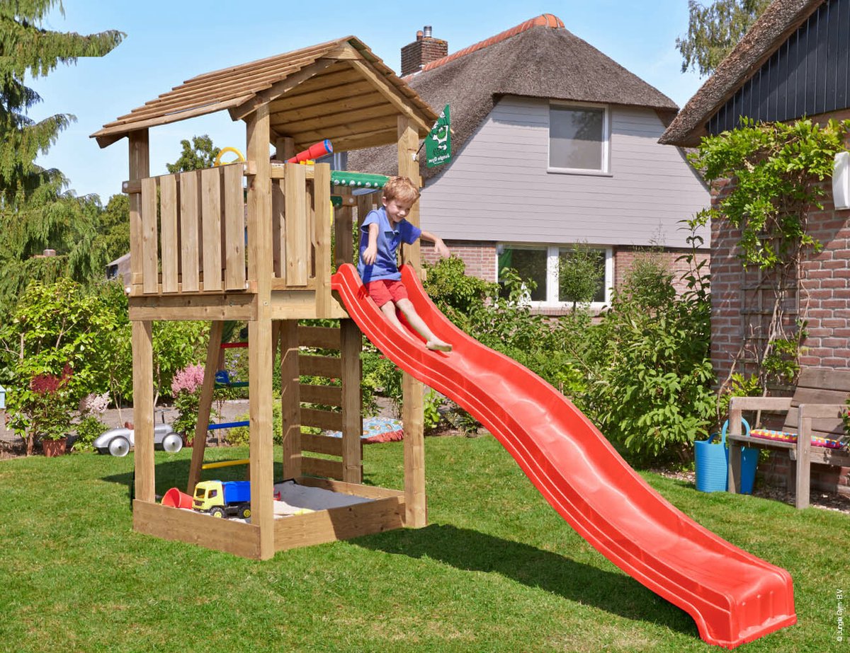   speeltoestel van grenen hout - Jungle Cottage met rode glijbaan - Tuin speeltoestel voor buiten met klimladder, klimwand en zandbak
