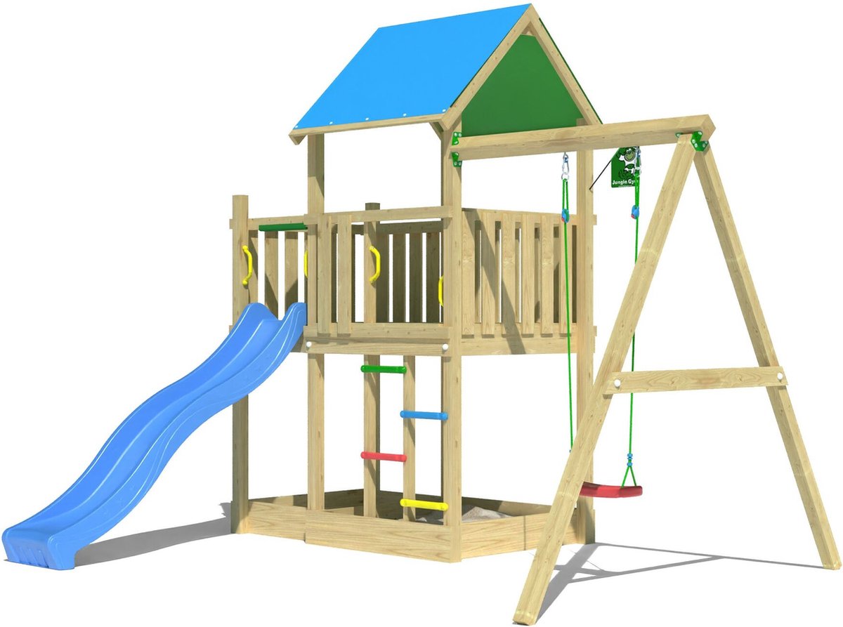   speeltoestel van grenen hout - Jungle Dazzle met blauwe glijbaan - Tuin speeltoestel voor buiten met zandbak en schommel