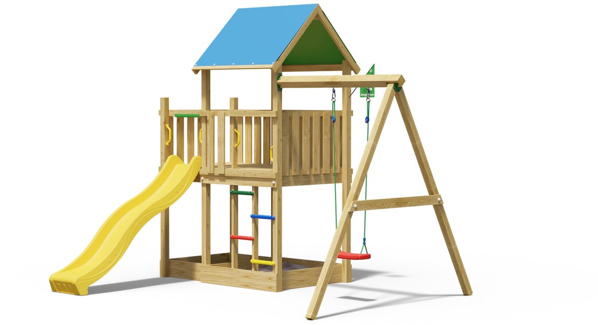   speeltoestel van grenen hout - Jungle Dazzle met gele glijbaan - Tuin speeltoestel voor buiten met zandbak en schommel