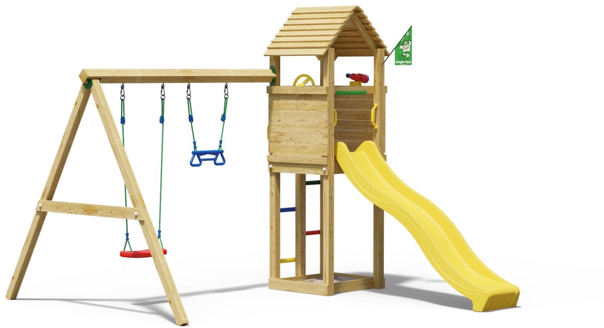  speeltoestel van grenen hout - Jungle Delight met gele glijbaan - Tuin speeltoestel voor buiten met zandbak en schommels