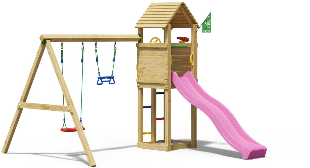   speeltoestel van grenen hout - Jungle Delight met roze glijbaan - Tuin speeltoestel voor buiten met zandbak en schommels