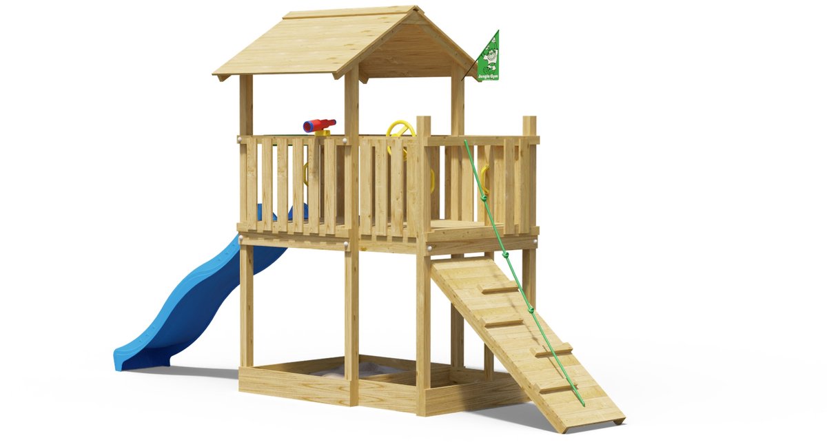   speeltoestel van grenen hout - Jungle Drift met blauwe glijbaan - Tuin speeltoestel voor buiten met zandbak en klimhelling