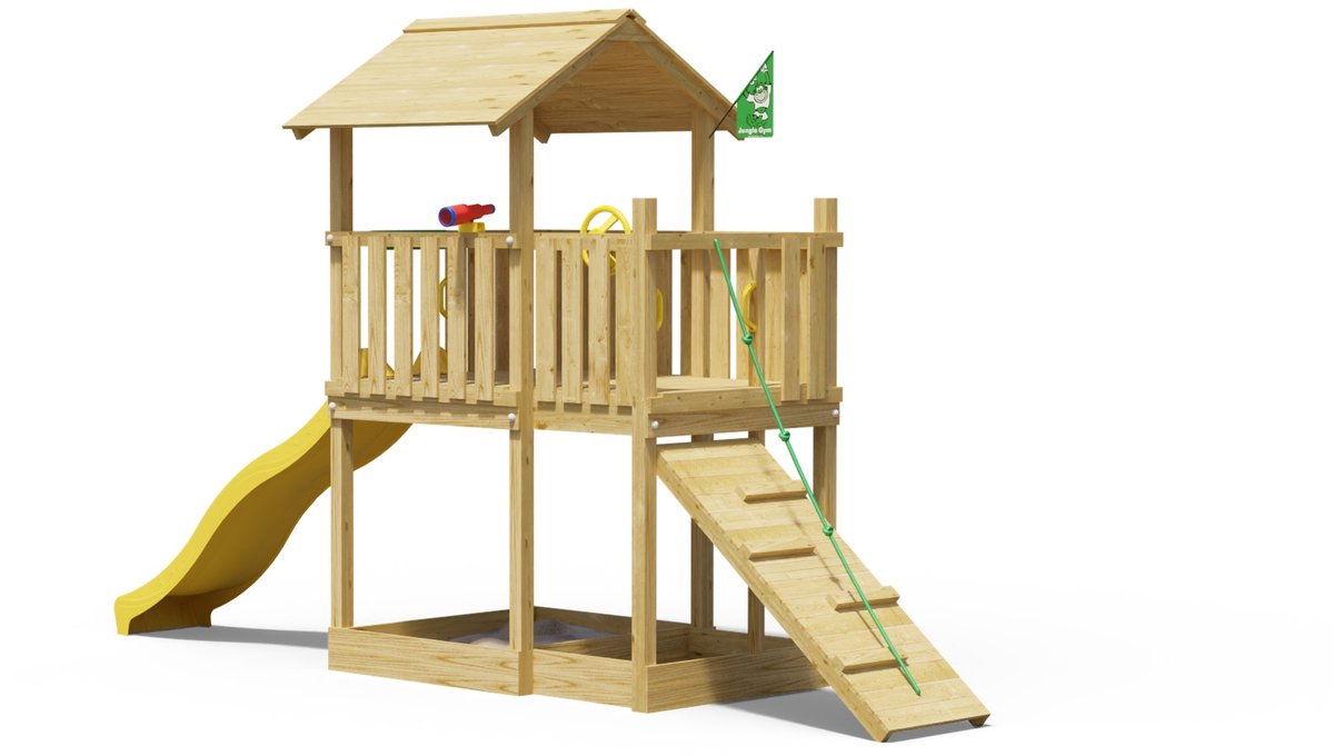   speeltoestel van grenen hout - Jungle Drift met gele glijbaan - Tuin speeltoestel voor buiten met zandbak en klimhelling
