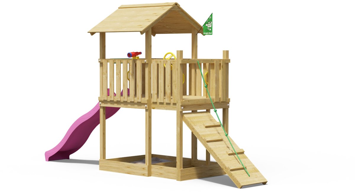   speeltoestel van grenen hout - Jungle Drift met roze glijbaan - Tuin speeltoestel voor buiten met zandbak en klimhelling