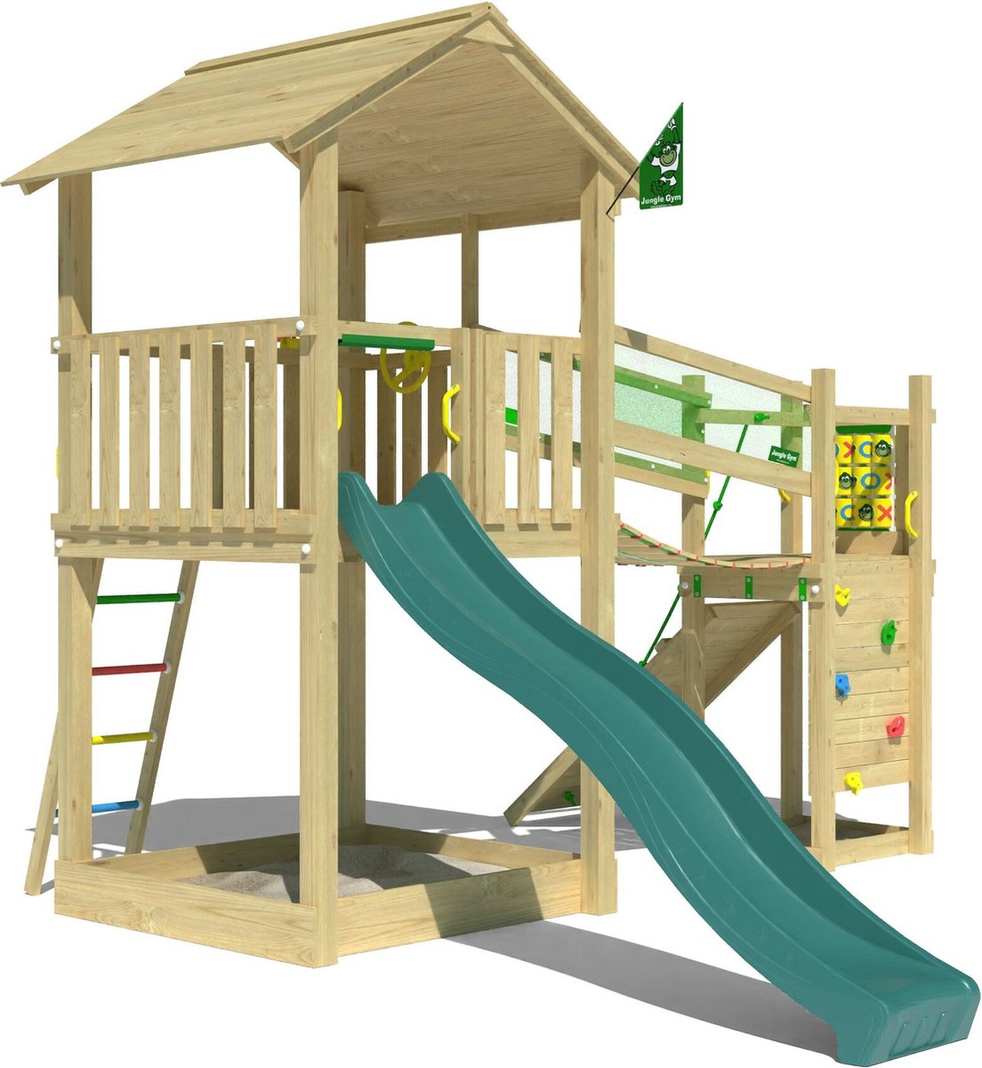   speeltoestel van grenen hout - Jungle Fortress met donkergroene glijbaan - Tuin speeltoestel voor buiten met zandbak, loopbrug en klimwand