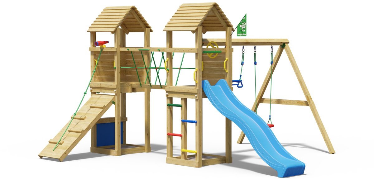   speeltoestel van grenen hout - Jungle Gatehouse met blauwe glijbaan - Tuin speeltoestel voor buiten met balanceerbrug, klimhelling en winkeltje