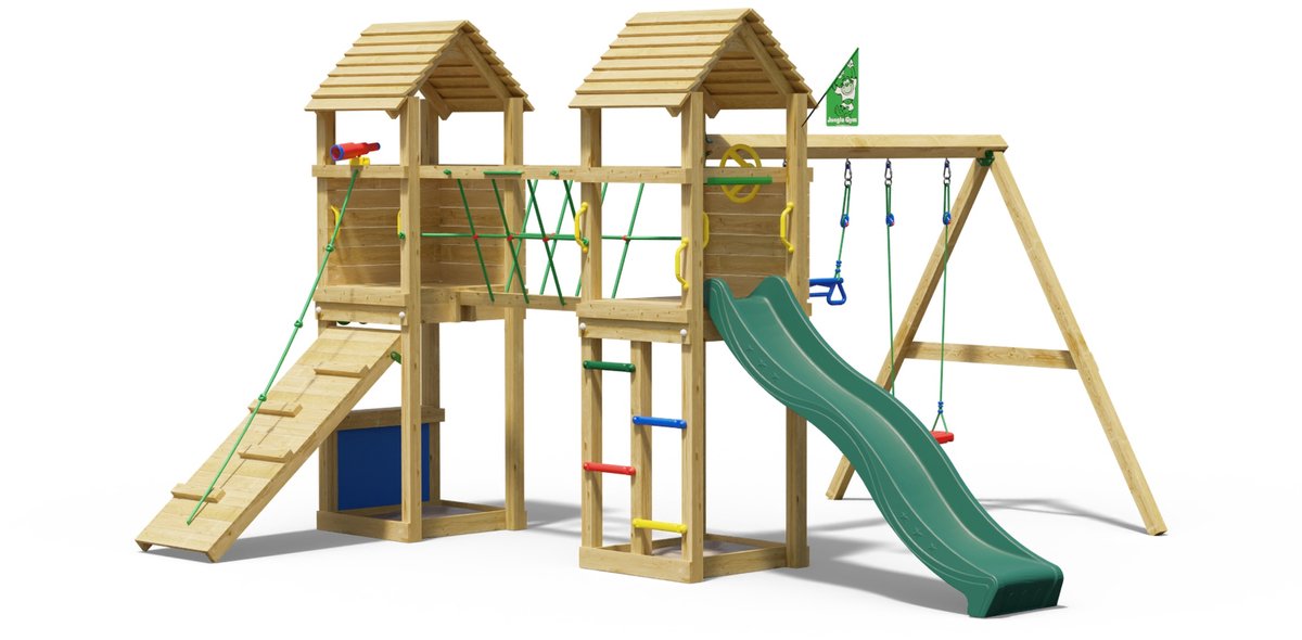   speeltoestel van grenen hout - Jungle Gatehouse met donkergroene glijbaan - Tuin speeltoestel voor buiten met balanceerbrug, klimhelling en winkeltje