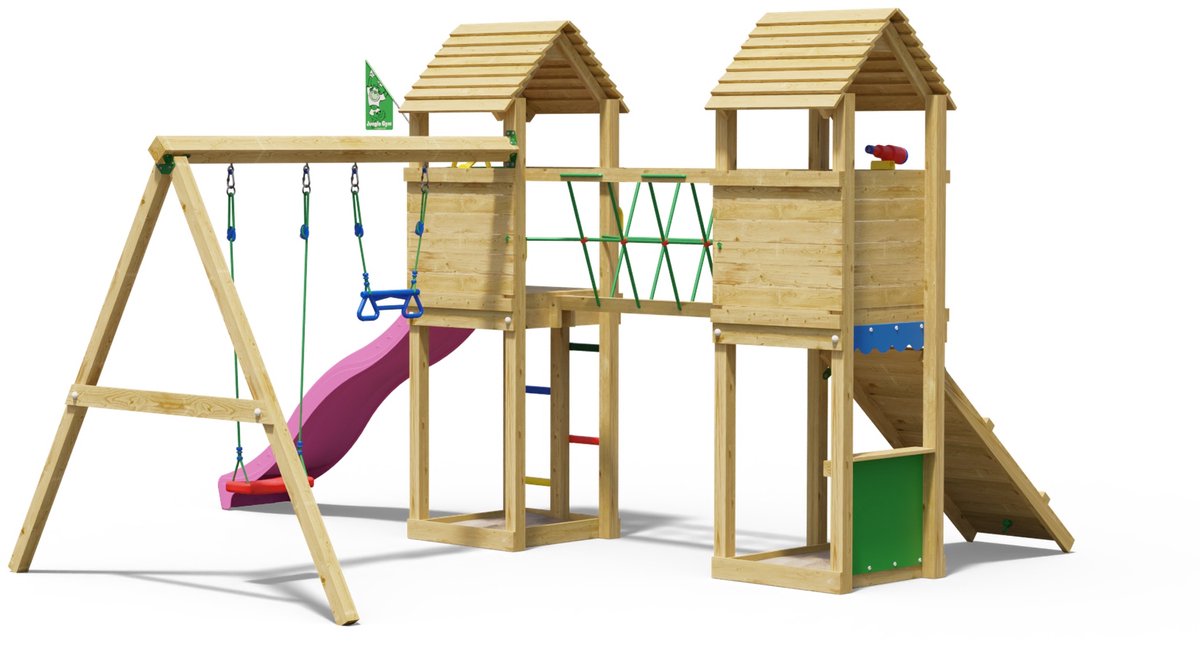   speeltoestel van grenen hout - Jungle Gatehouse met roze glijbaan - Tuin speeltoestel voor buiten met balanceerbrug, klimhelling en winkeltje