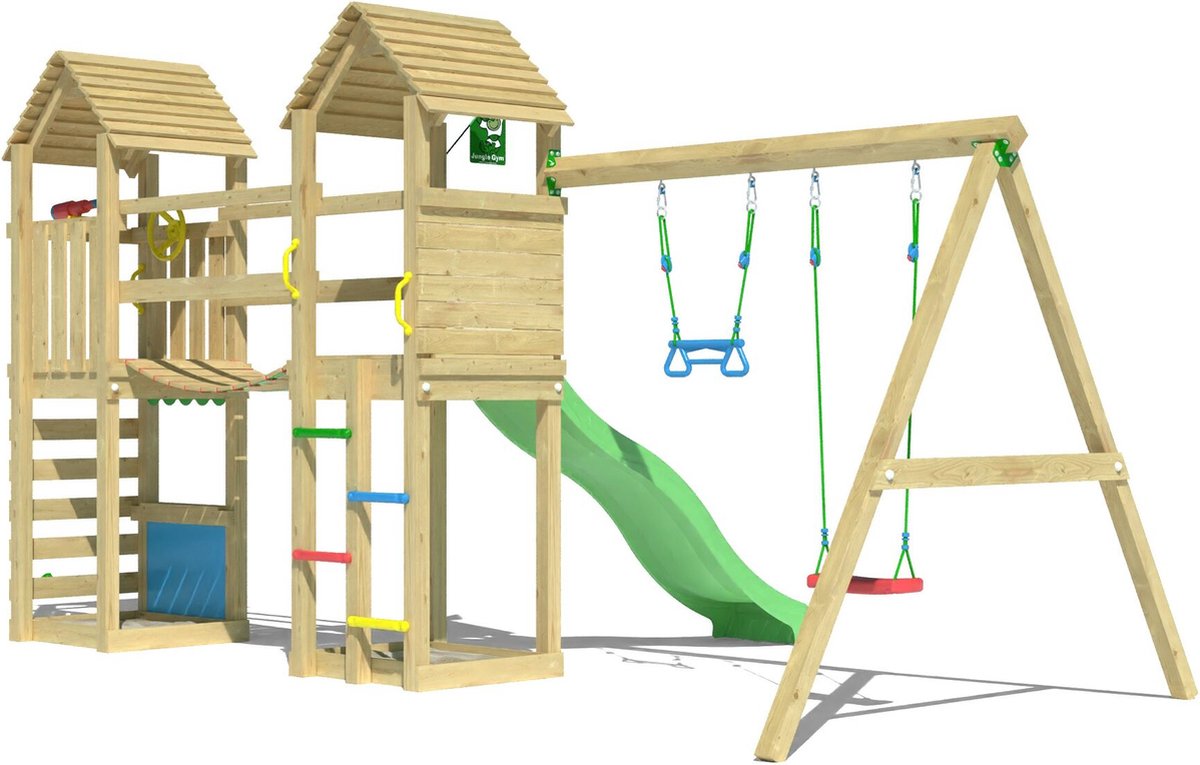  speeltoestel van grenen hout - Jungle Haven met groene glijbaan - Tuin speeltoestel voor buiten met zandbak en schommels