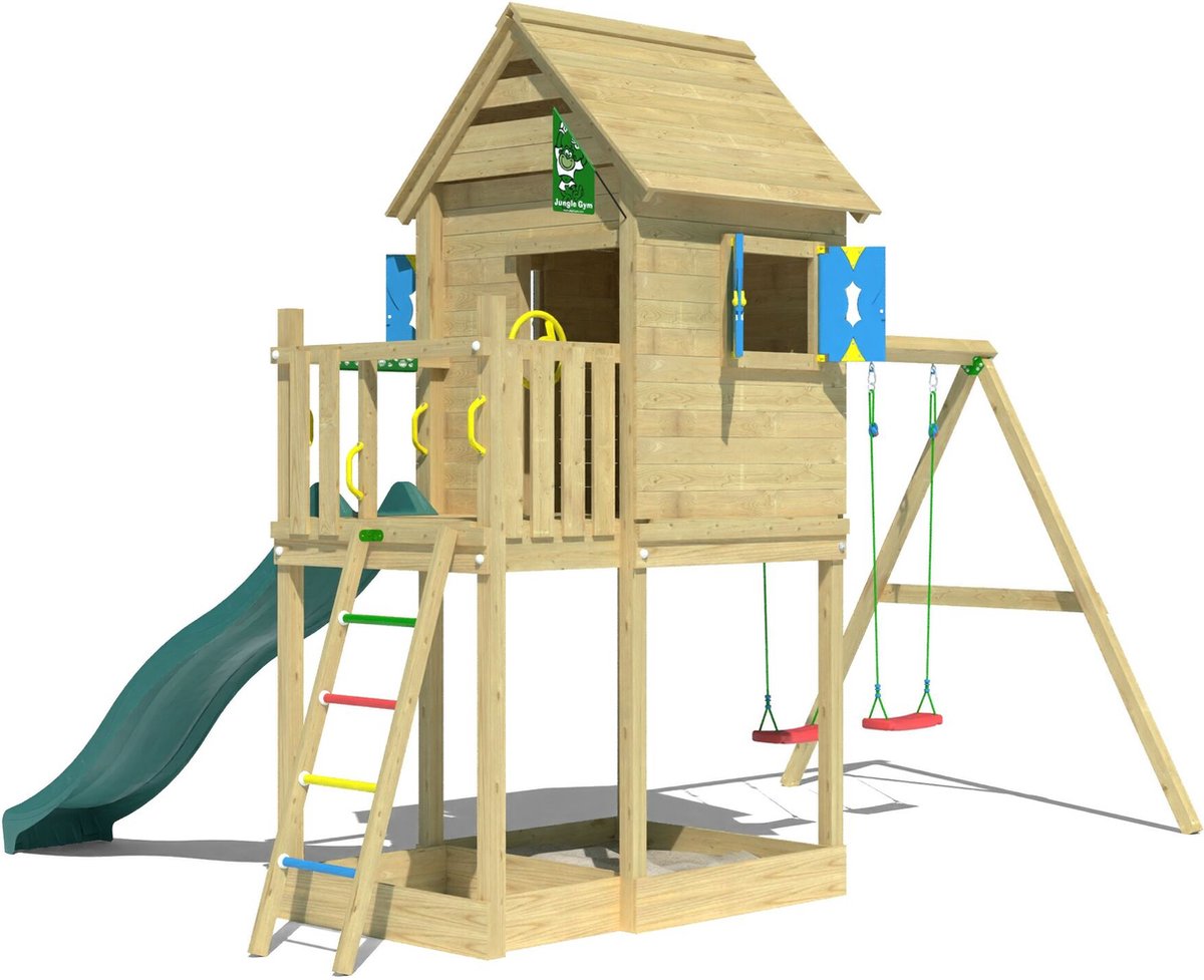   speeltoestel van grenen hout - Jungle Hideout met donkergroene glijbaan - Tuin speeltoestel voor buiten met zandbak en schommels