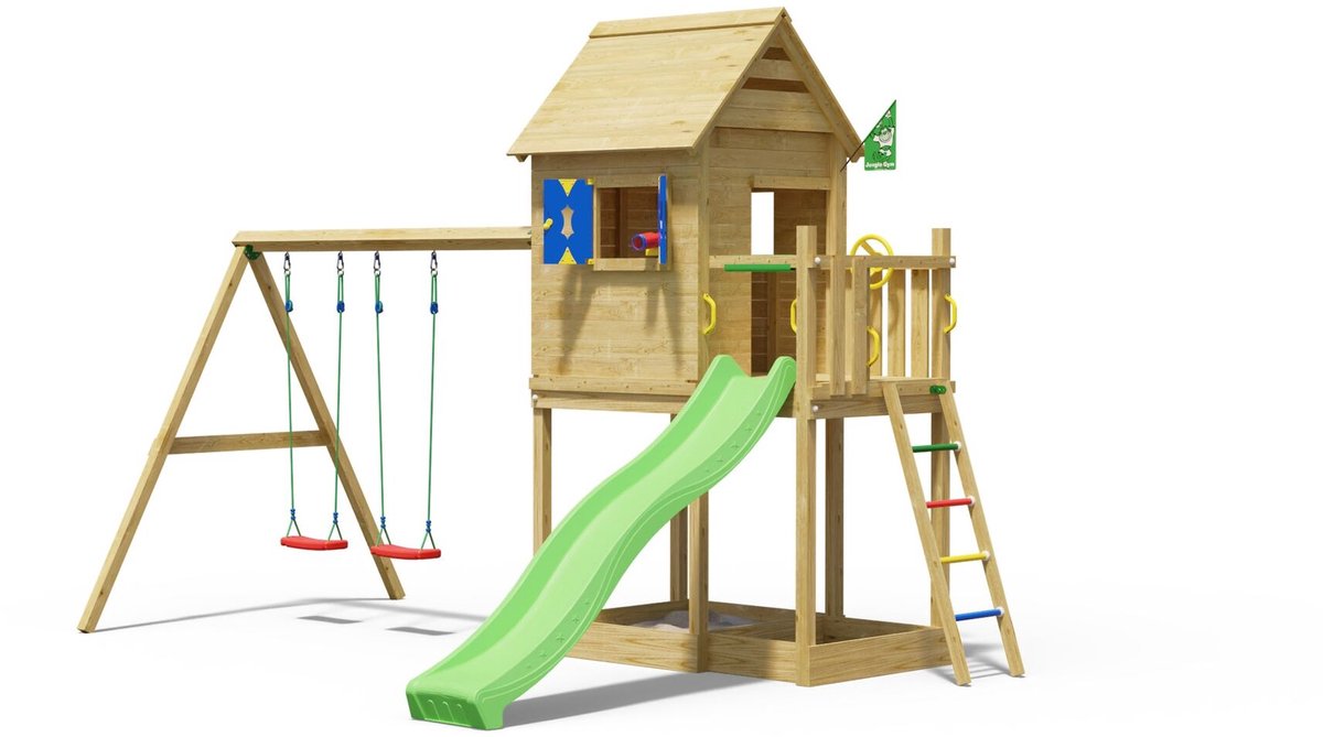   speeltoestel van grenen hout - Jungle Hideout met groene glijbaan - Tuin speeltoestel voor buiten met zandbak en schommels