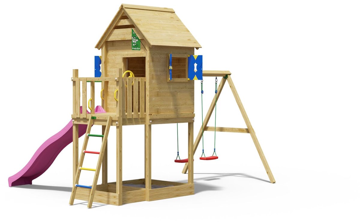   speeltoestel van grenen hout - Jungle Hideout met roze glijbaan - Tuin speeltoestel voor buiten met zandbak en schommels