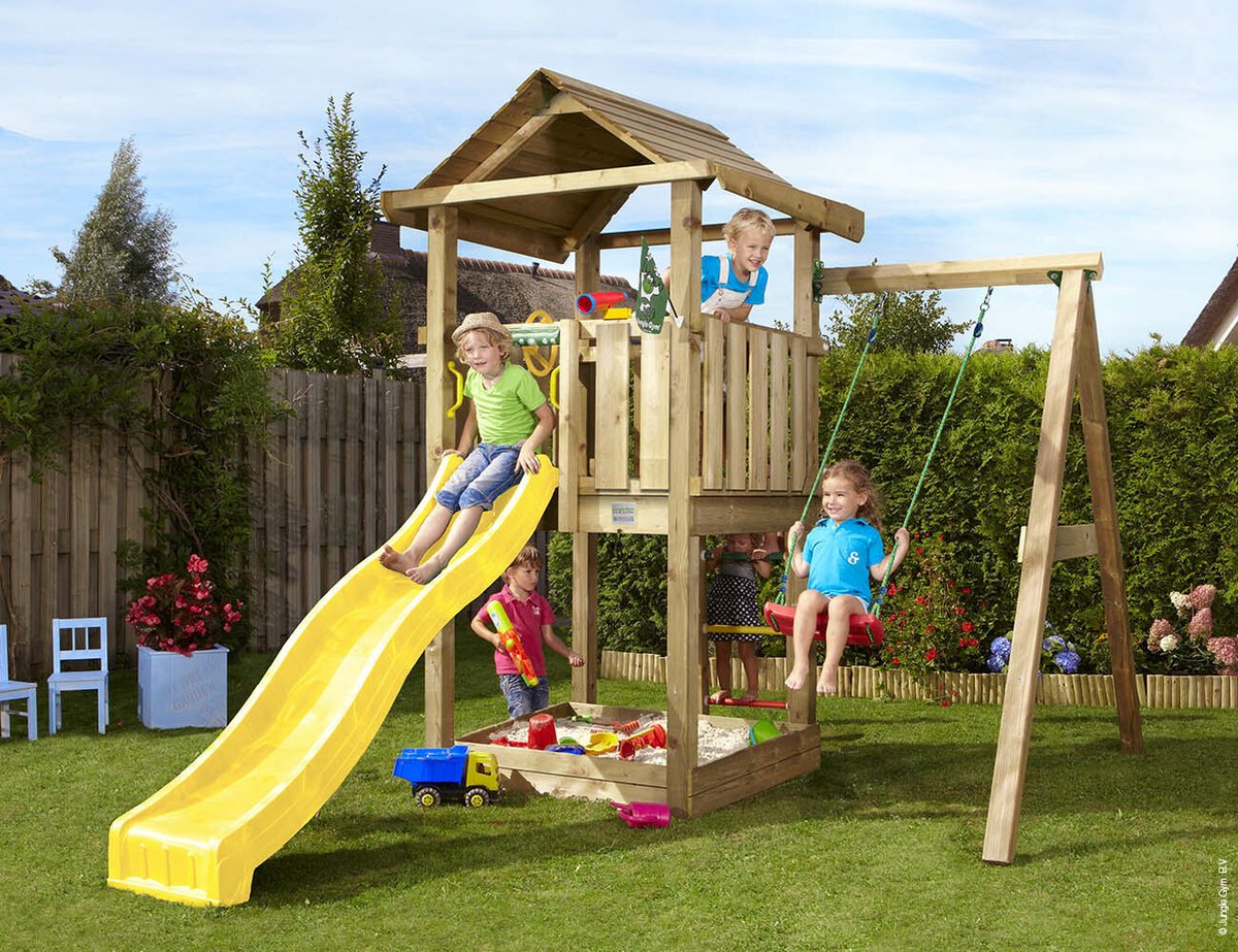   speeltoestel van grenen hout - Jungle House met gele glijbaan - Tuin speeltoestel voor buiten met zandbak en schommel