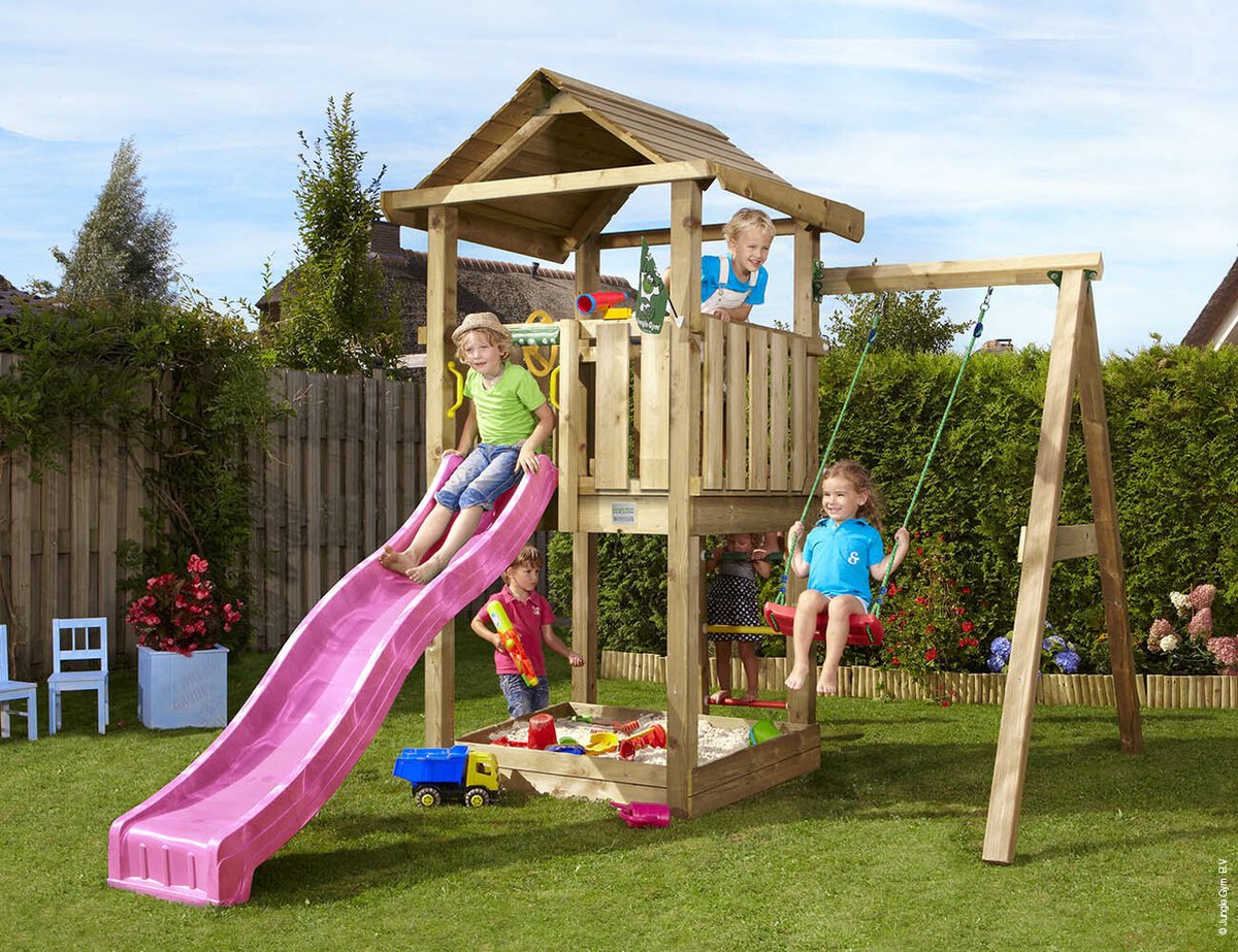   speeltoestel van grenen hout - Jungle House met roze glijbaan - Tuin speeltoestel voor buiten met zandbak en schommel